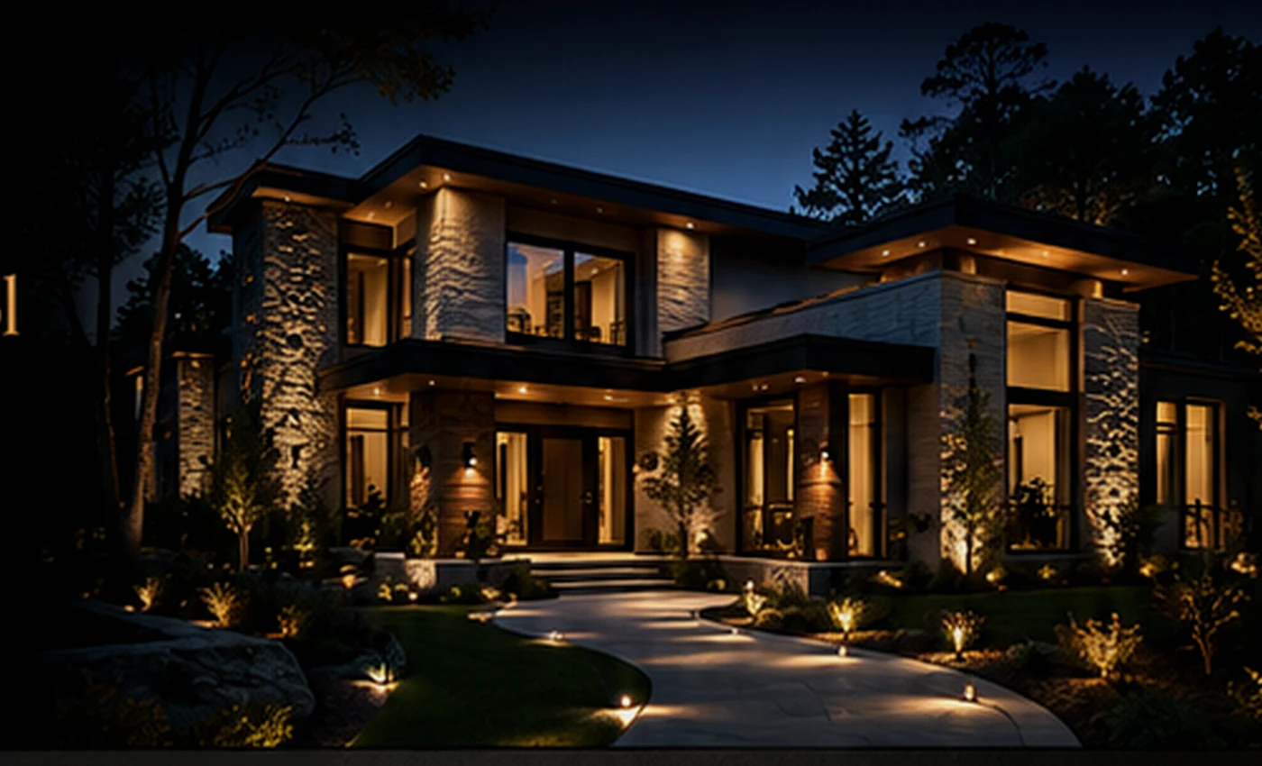 Modern Houston luxury home exterior with architectural lighting and landscape lighting at night