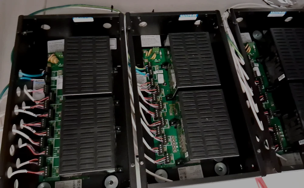 Panelized lighting control cabinet with dimming modules and organized wiring for Houston smart lighting system
