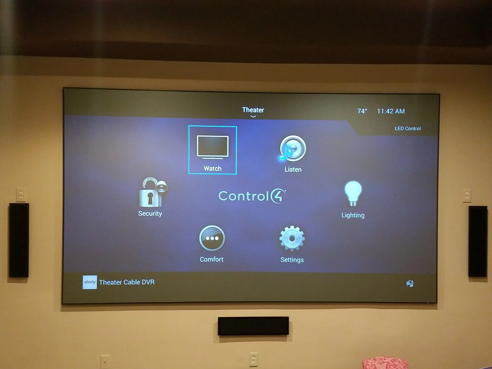 Custom smart home interface showing security lighting comfort watch listen and room control